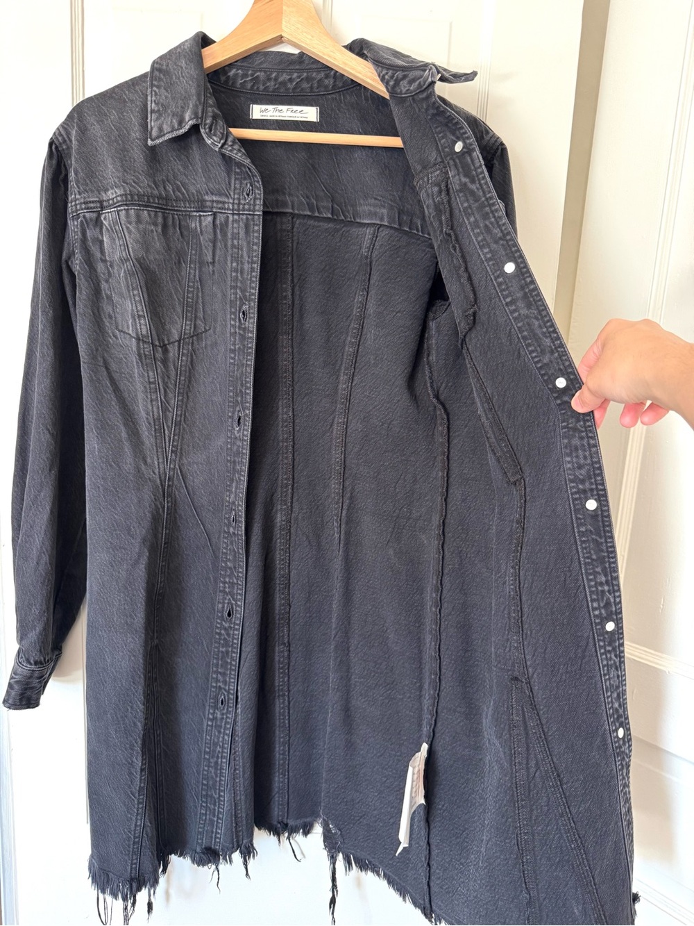 We The Free Washed Black Long Denim Jacket Distressed Over Coat - Picture 6 of 10